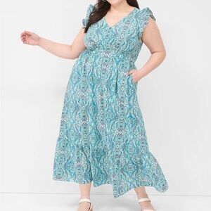 Lane Bryant 18 Teal Paisley Flutter Sleeve Button Front Maxi Dress